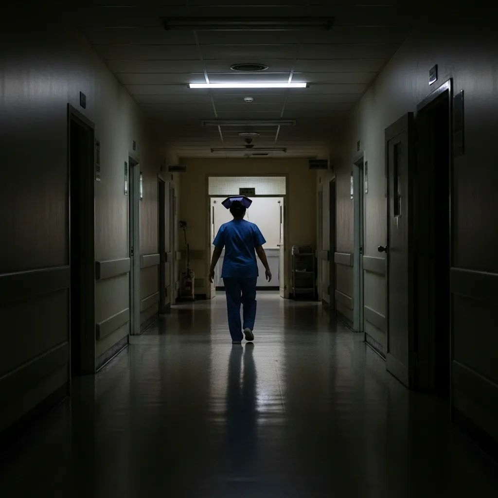 Silhouette of a Thai nurse walking through a dimly lit hospital corridor at night