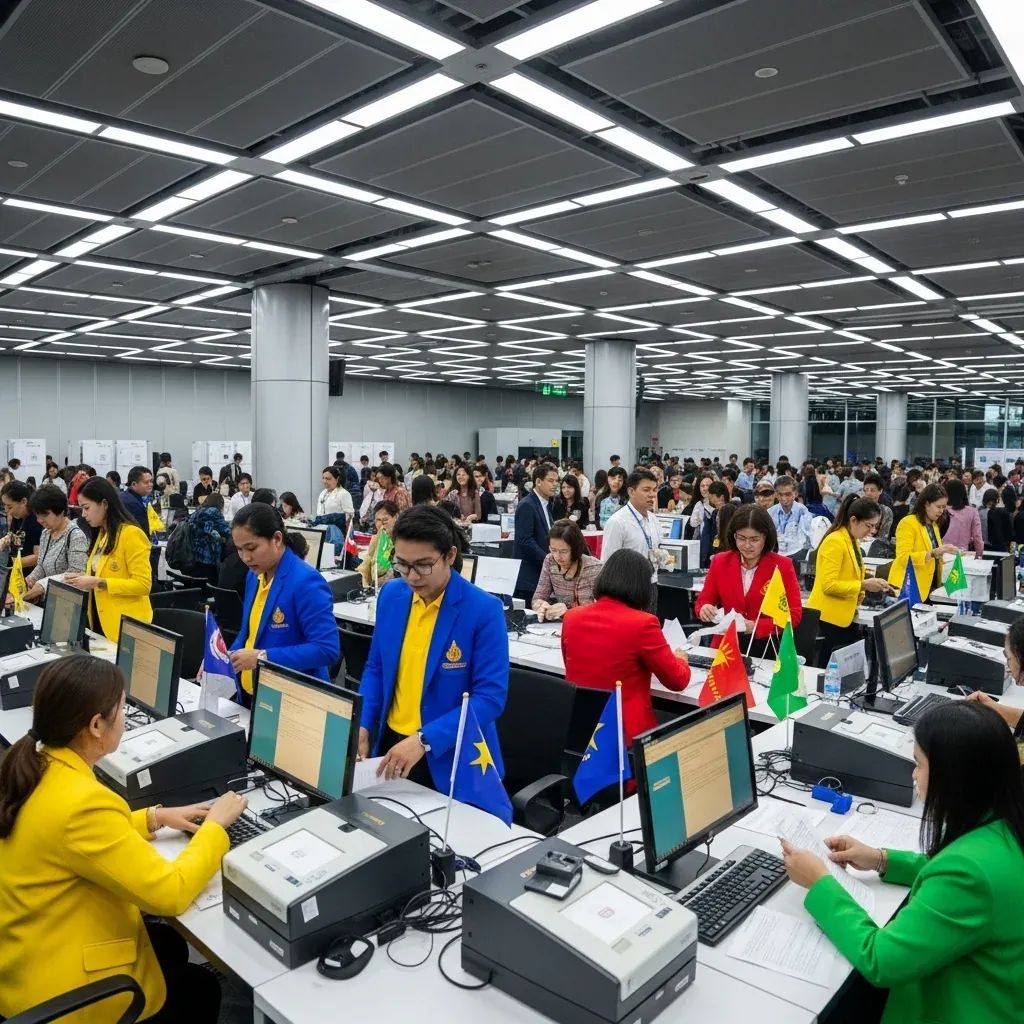 Busy election registration hall at Bangkok Government Complex with party staff at digital scanning booths