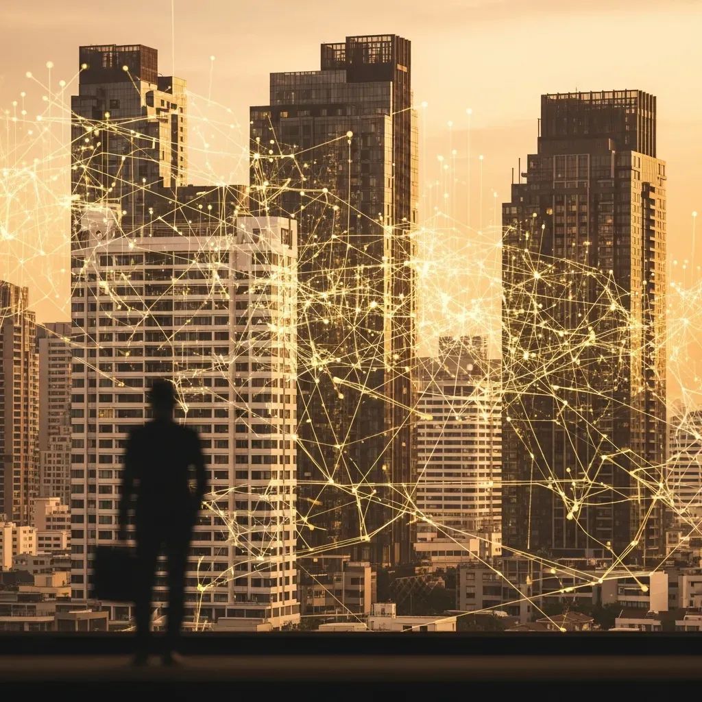 Bangkok condominiums at dusk with digital network lines symbolizing money flows and a blurred business figure