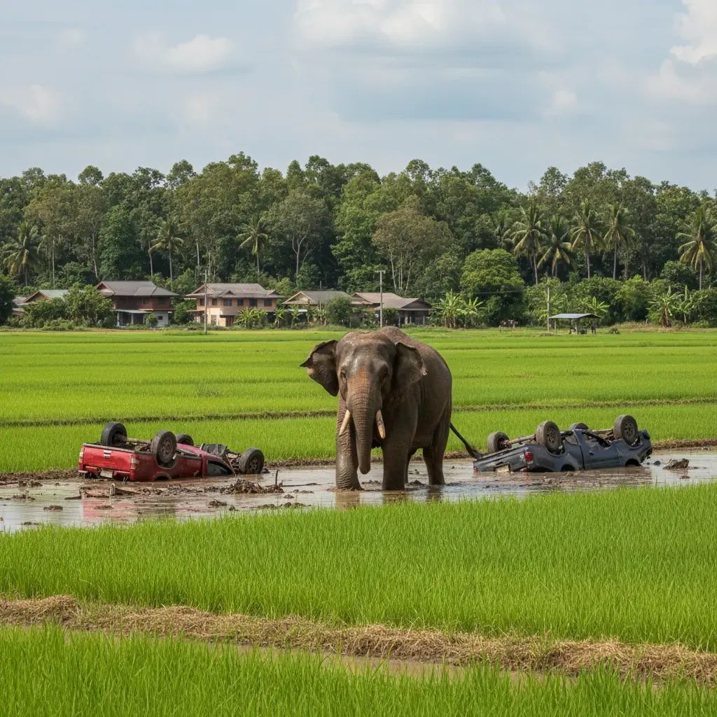 Bull elephant in Buri Ram rice field beside two overturned pickup trucks after musth rampage