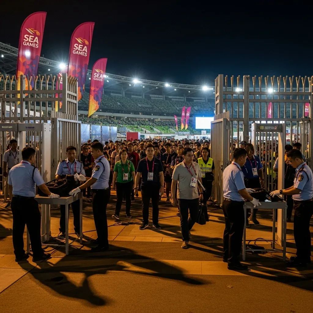 Uniformed security personnel conducting metal-detector checks at a stadium entrance during the SEA Games