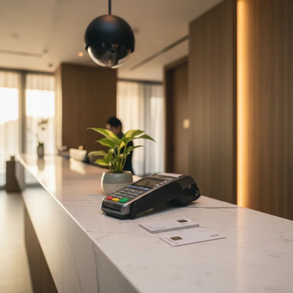 Hotel reception desk with credit card terminal and room key cards highlighting security deposit measures