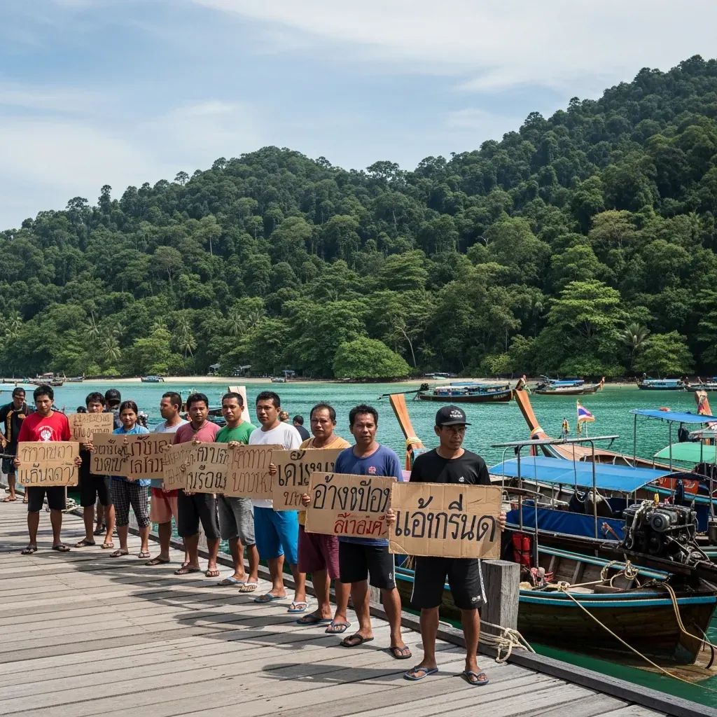 Thai villagers protesting with placards on a Koh Yao Noi pier with long-tail boats in background