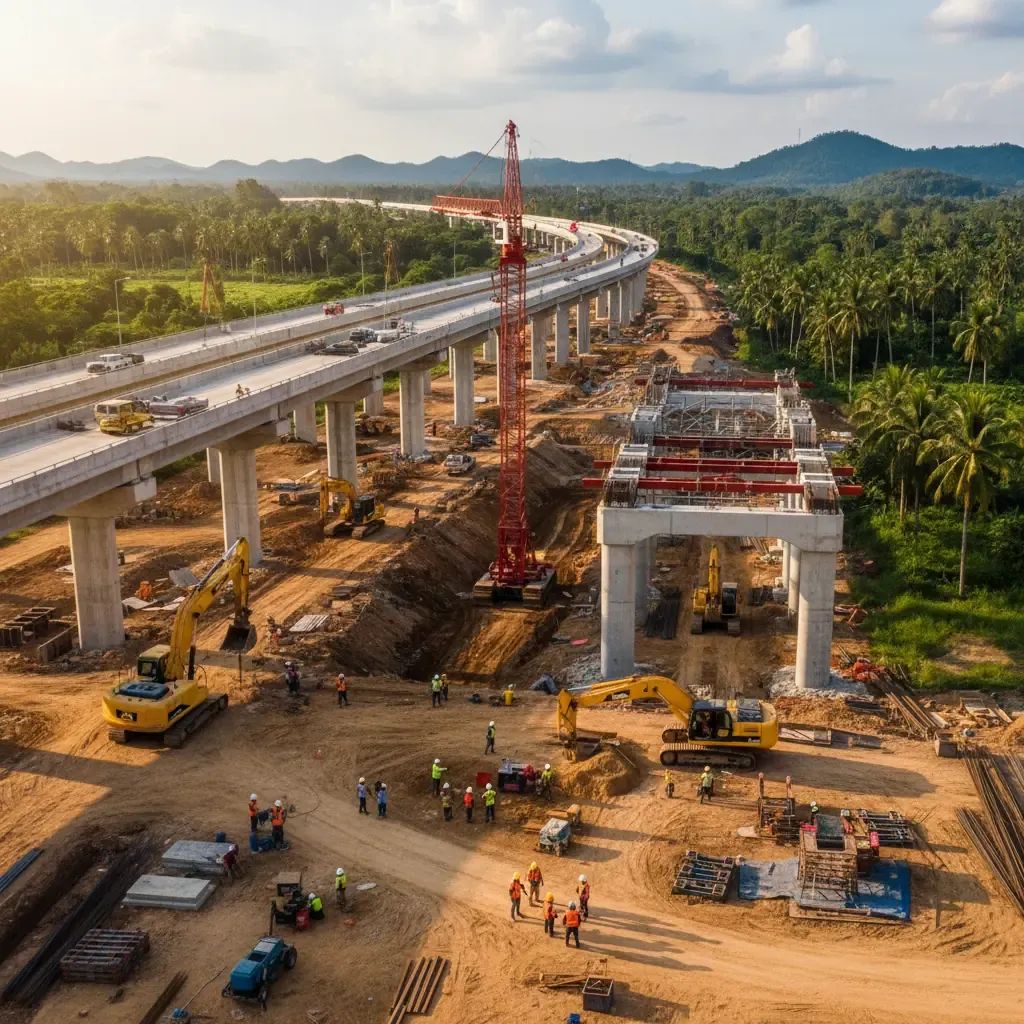 Construction crew and machinery working on Thai infrastructure project in provincial area