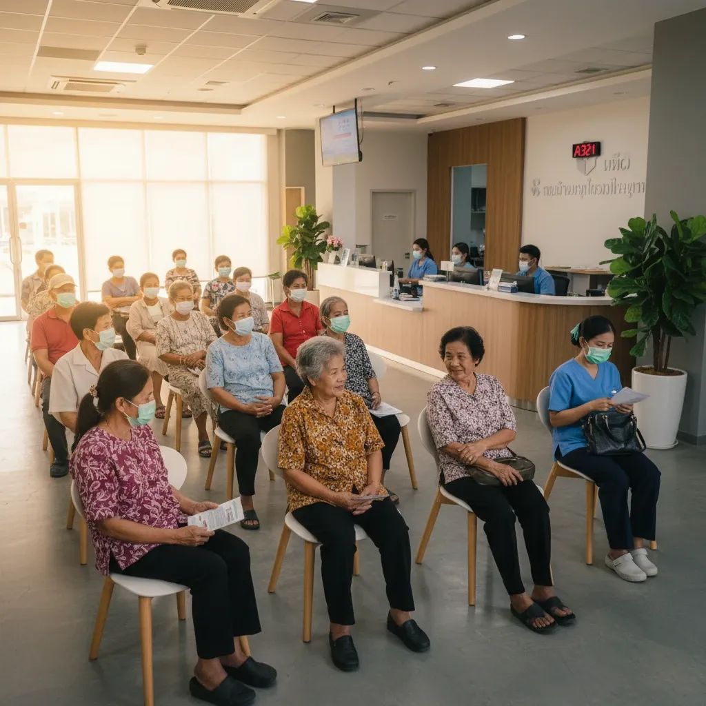 Patients waiting in a Pattaya community health clinic during busy consultation hours