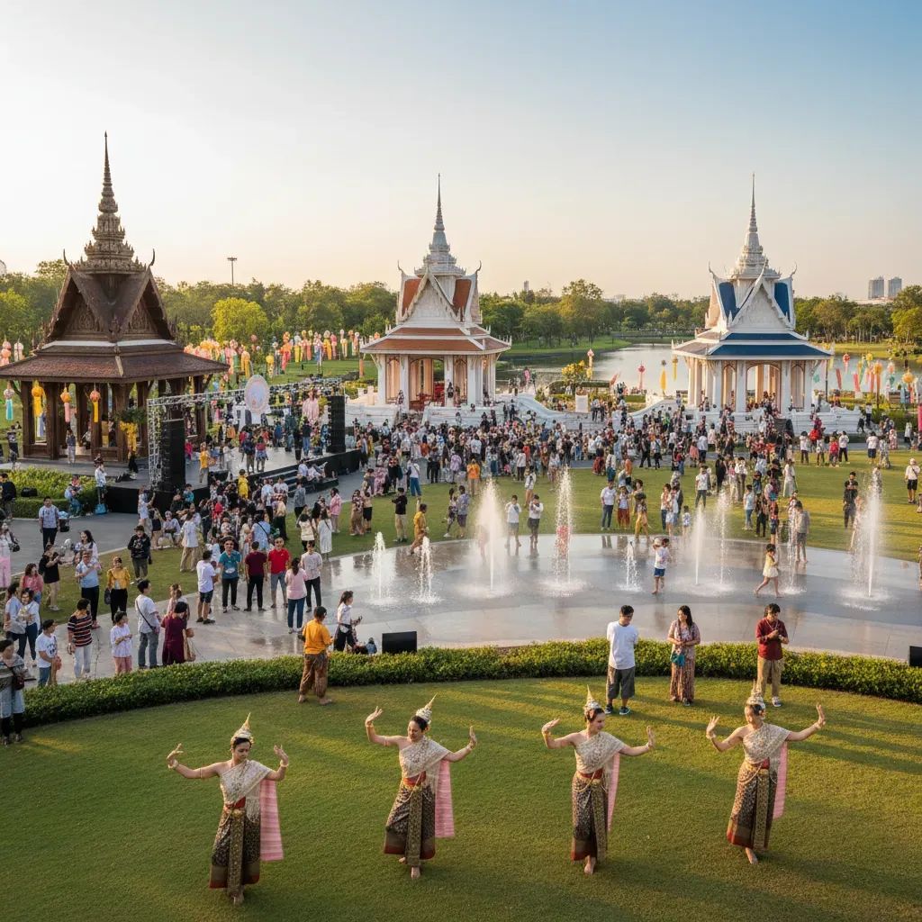 Diverse festival-goers at Benjakitti Park enjoying Songkran celebration with colorful regional pavilions and traditional Thai performances