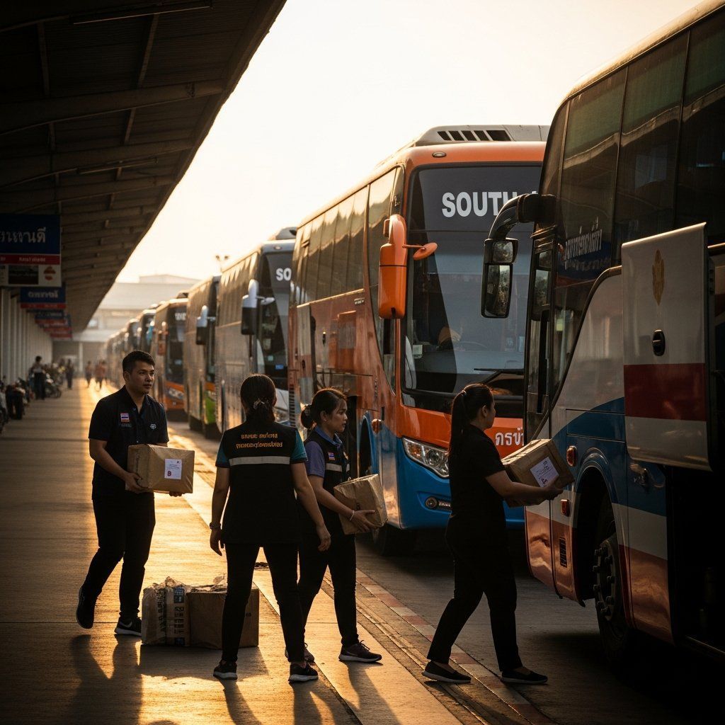 Volunteers loading relief parcels onto southbound coaches at Mo Chit bus terminal