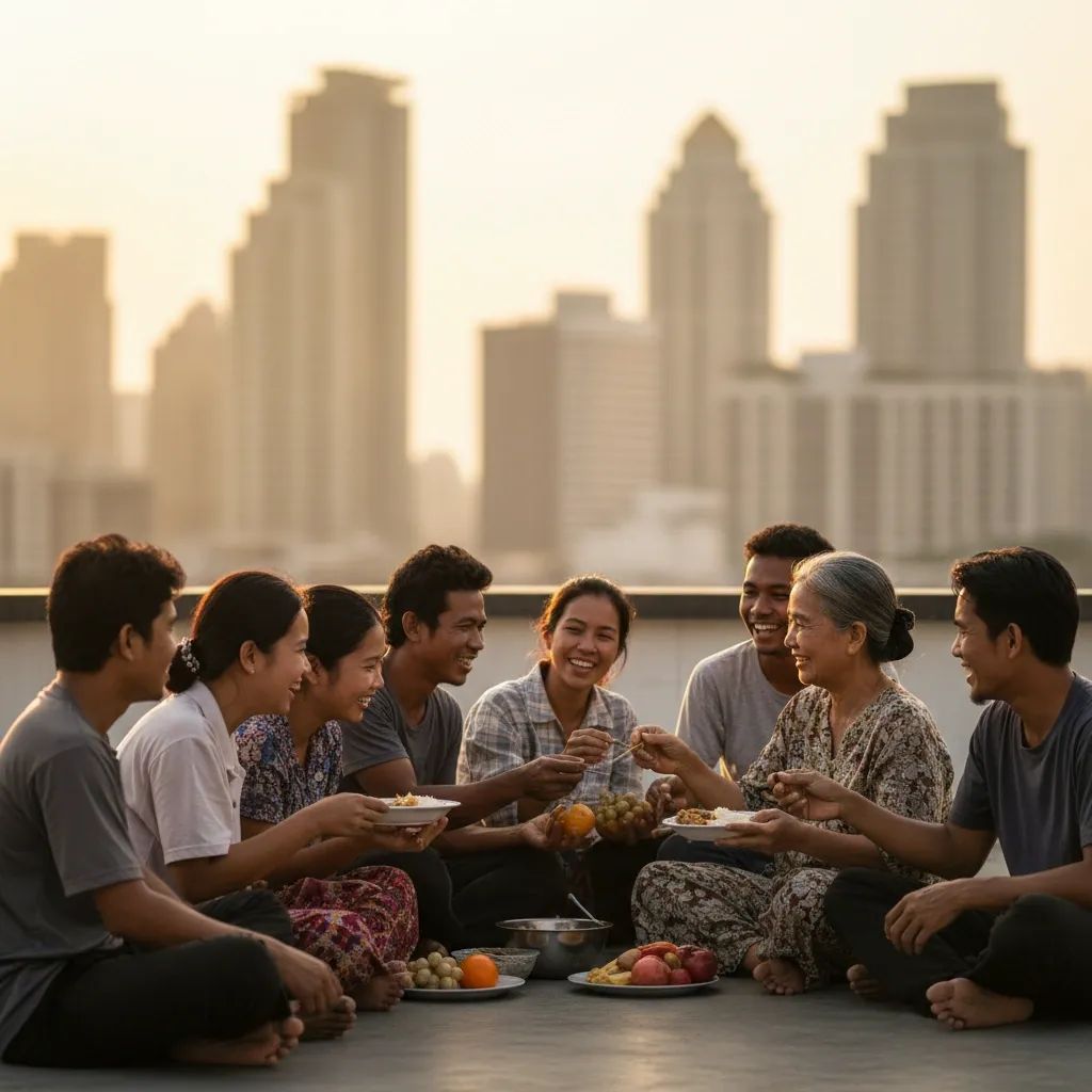 Diverse group of workers in Thailand, representing migrant communities and social support systems