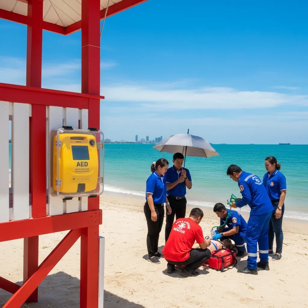 Pattaya beach lifeguard station with AED defibrillator and rescue volunteers during emergency response drill