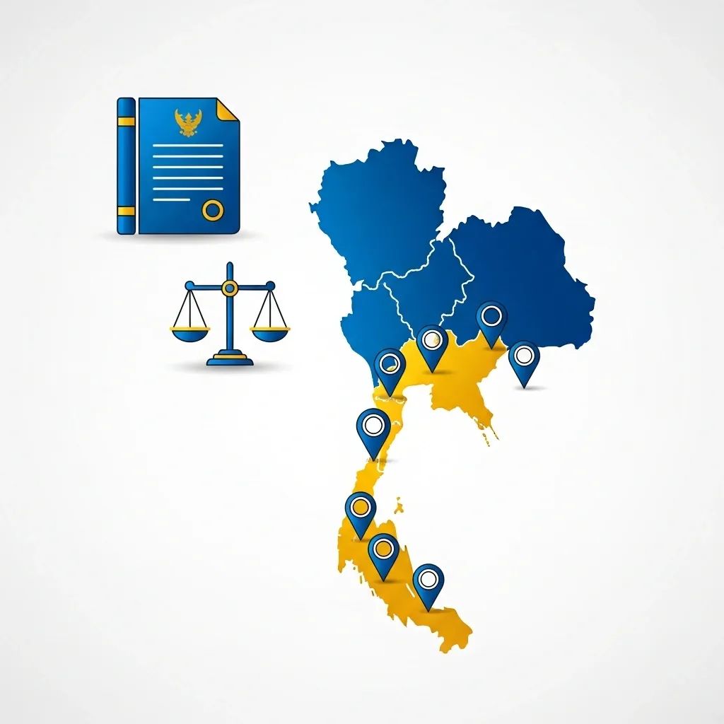 Infographic of Thailand-Cambodia border map with constitution icon and justice scales