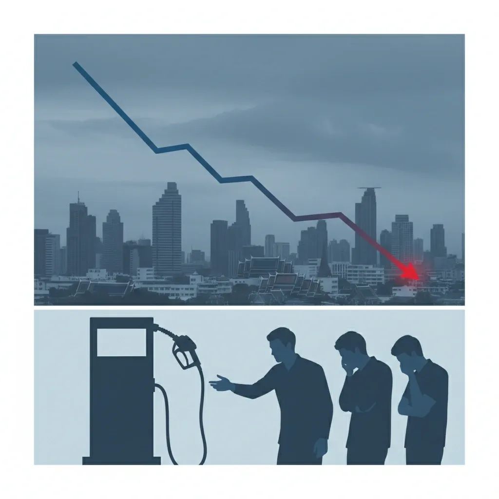 Graph showing Thailand's declining economic growth trend with Bangkok skyline in background
