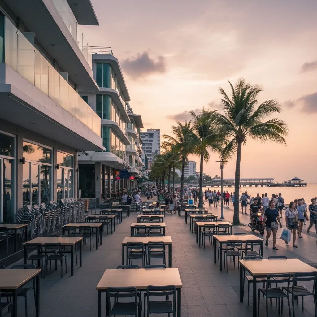 Quiet Pattaya beachfront commercial zone with restaurant tables and retail storefronts showing economic pressure