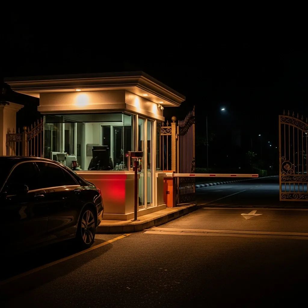 Dimly lit gated estate entrance in Pattaya at night with a parked luxury car