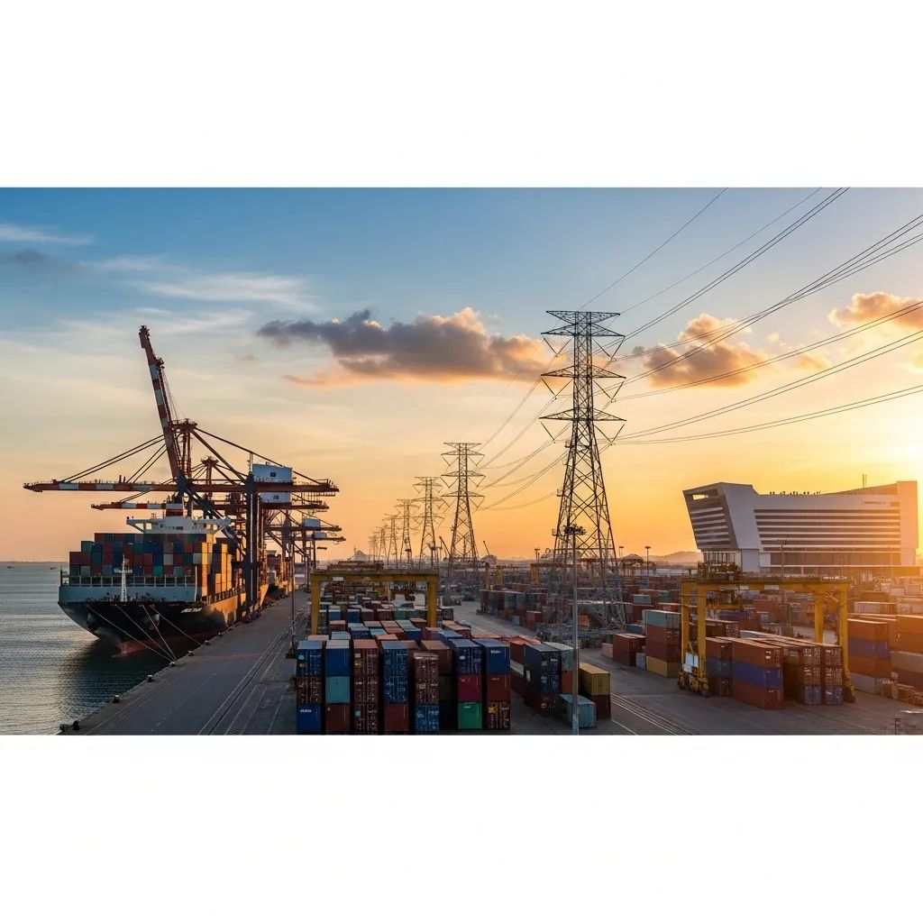 Panoramic view of a Thai Andaman coast port with cranes, power lines, and data center silhouette