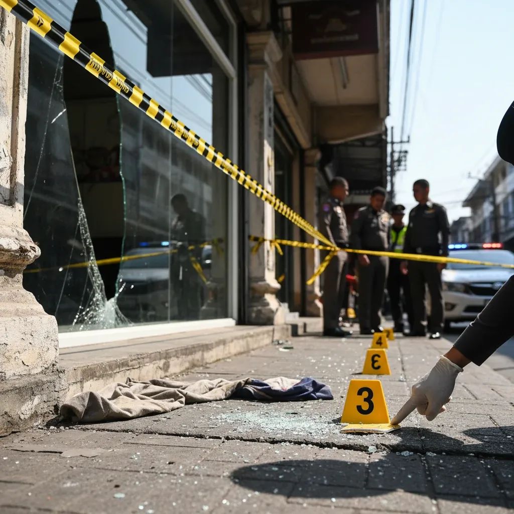 Police investigation tape securing a commercial storefront crime scene in Thailand