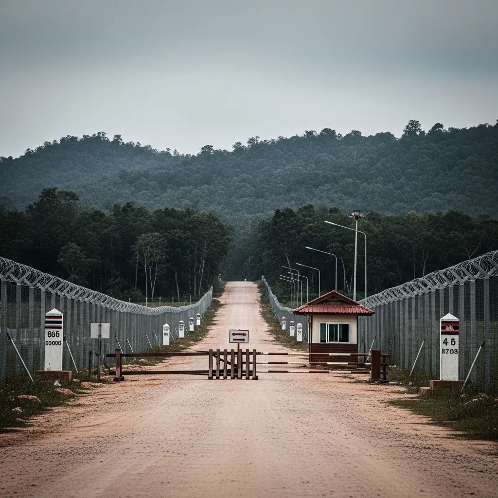 Rural Thailand-Cambodia border checkpoint with boundary markers and barbed wire before forested hills