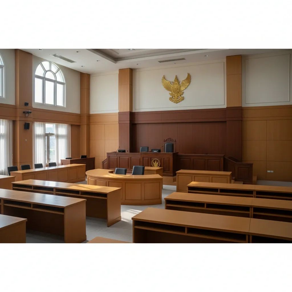 Thai Criminal Court interior showing formal courtroom with judges' bench and modern legal architecture