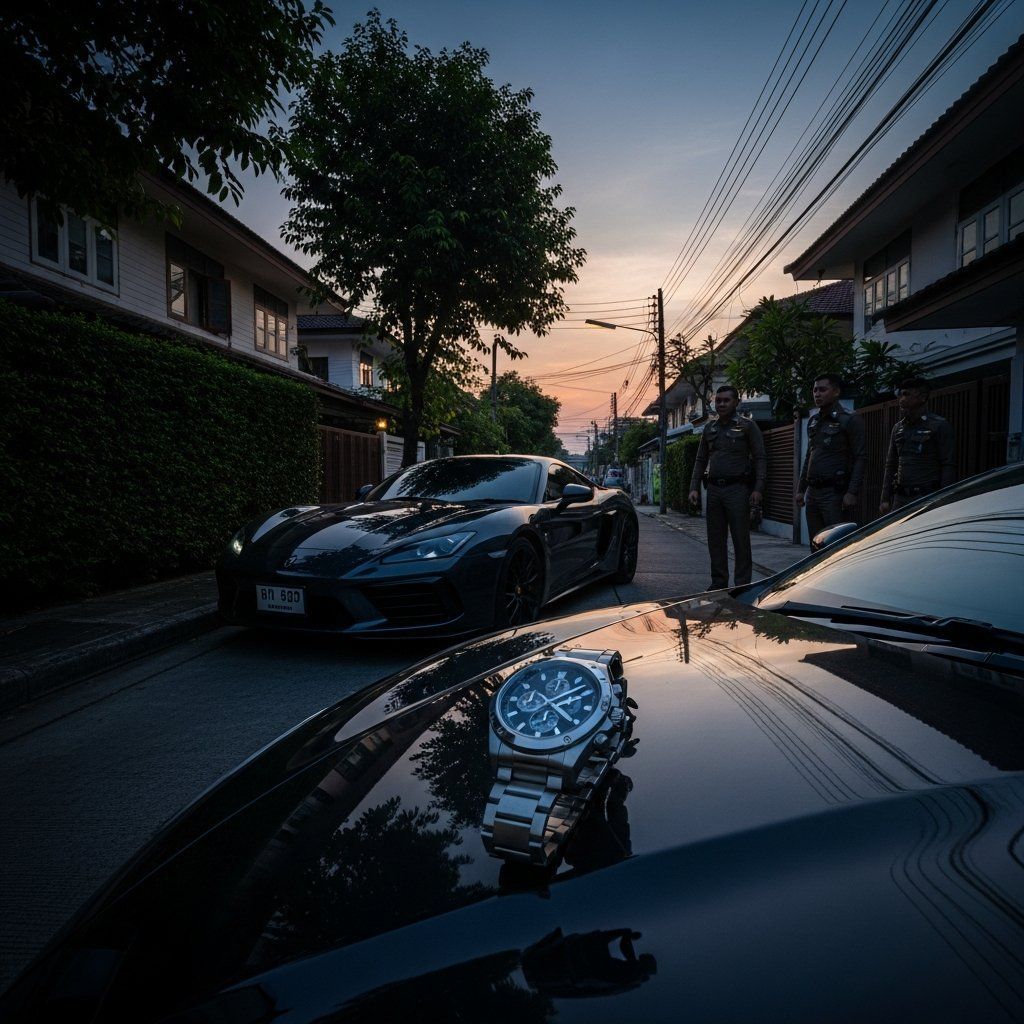 Police inspect seized luxury watch and sports car on a Bangkok street at dawn