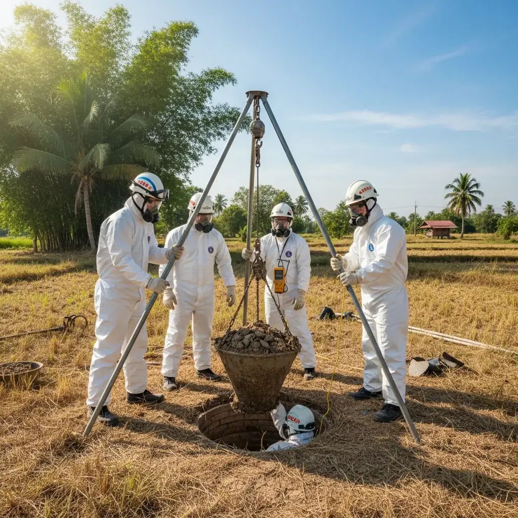Rescue workers in protective gear using a tripod crane to extract debris from a narrow well