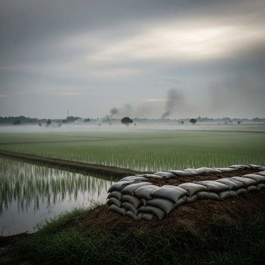 Smoke rising over a rice paddy with a makeshift sandbag bunker on the Thai-Cambodian border