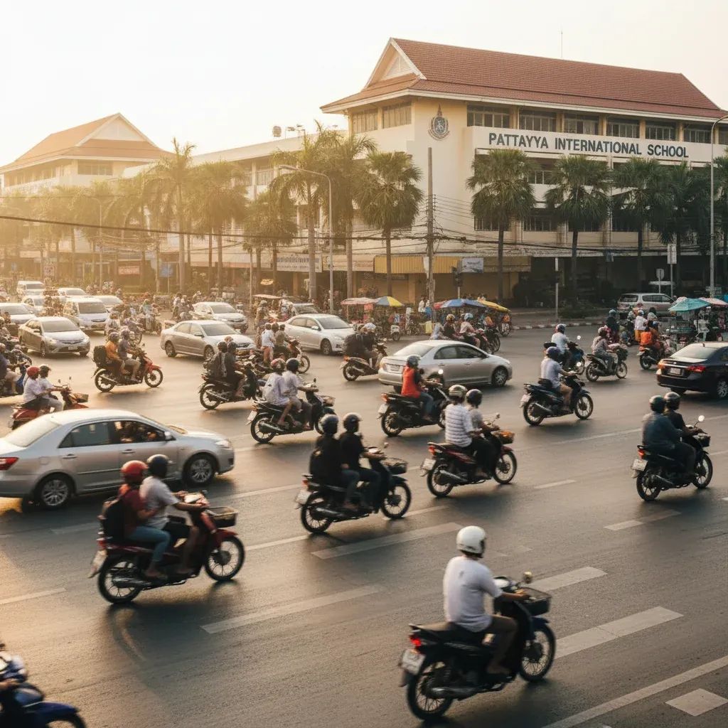Busy Pattaya intersection during rush hour with motorcycles and cars near a school, showing traffic safety concerns