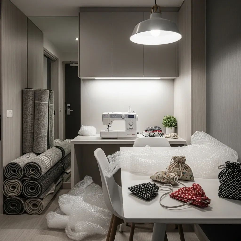 Interior of a condo unit with sewing machine, rolled carpets and packaging materials scattered around