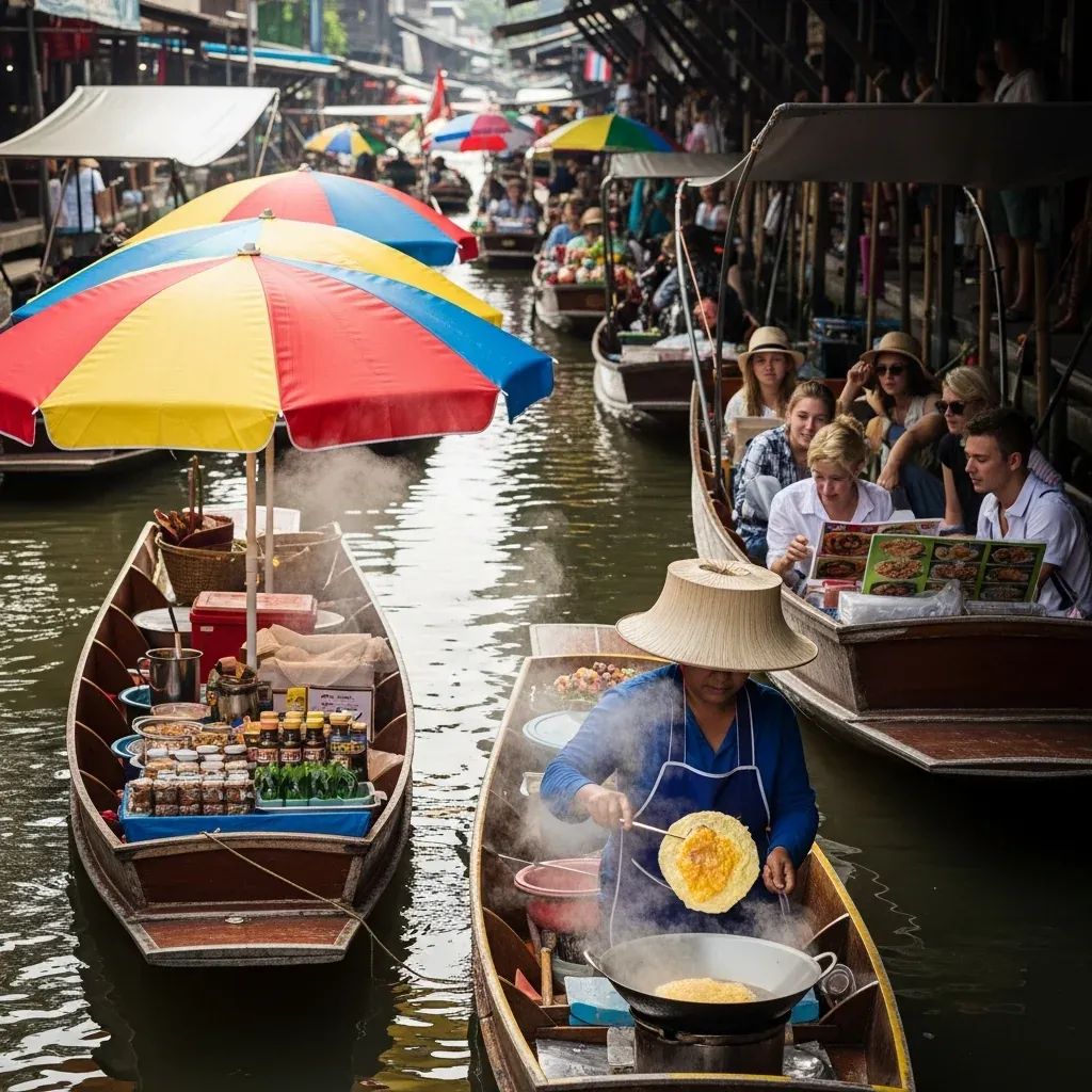 Vendor serving an omelette from a boat at Damnoen Saduak floating market
