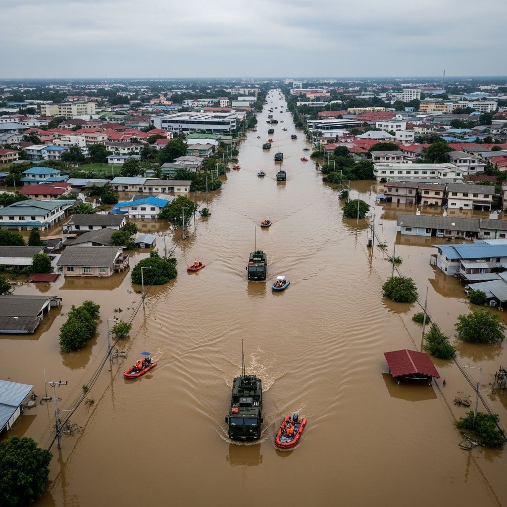 Aerial view of flooded streets and submerged houses in Hat Yai, Southern Thailand