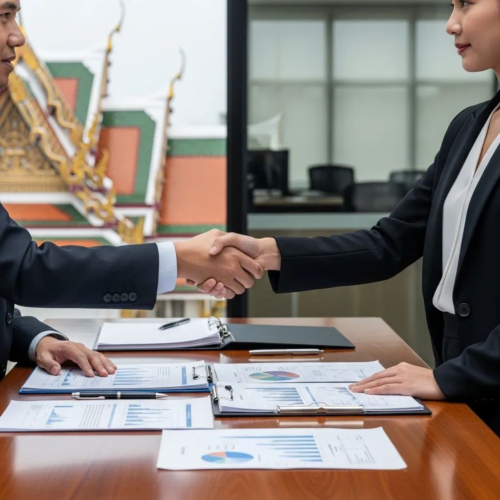 Two businesspeople shaking hands over trade documents with Thai temple silhouette in background