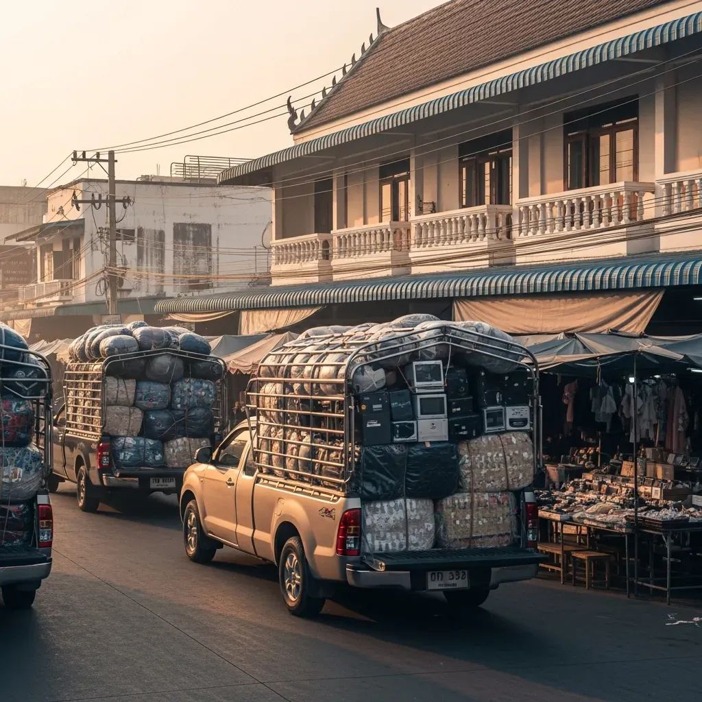 Wide shot of Rong Kluea Market border bazaar with trucks loaded with second-hand goods at sunrise