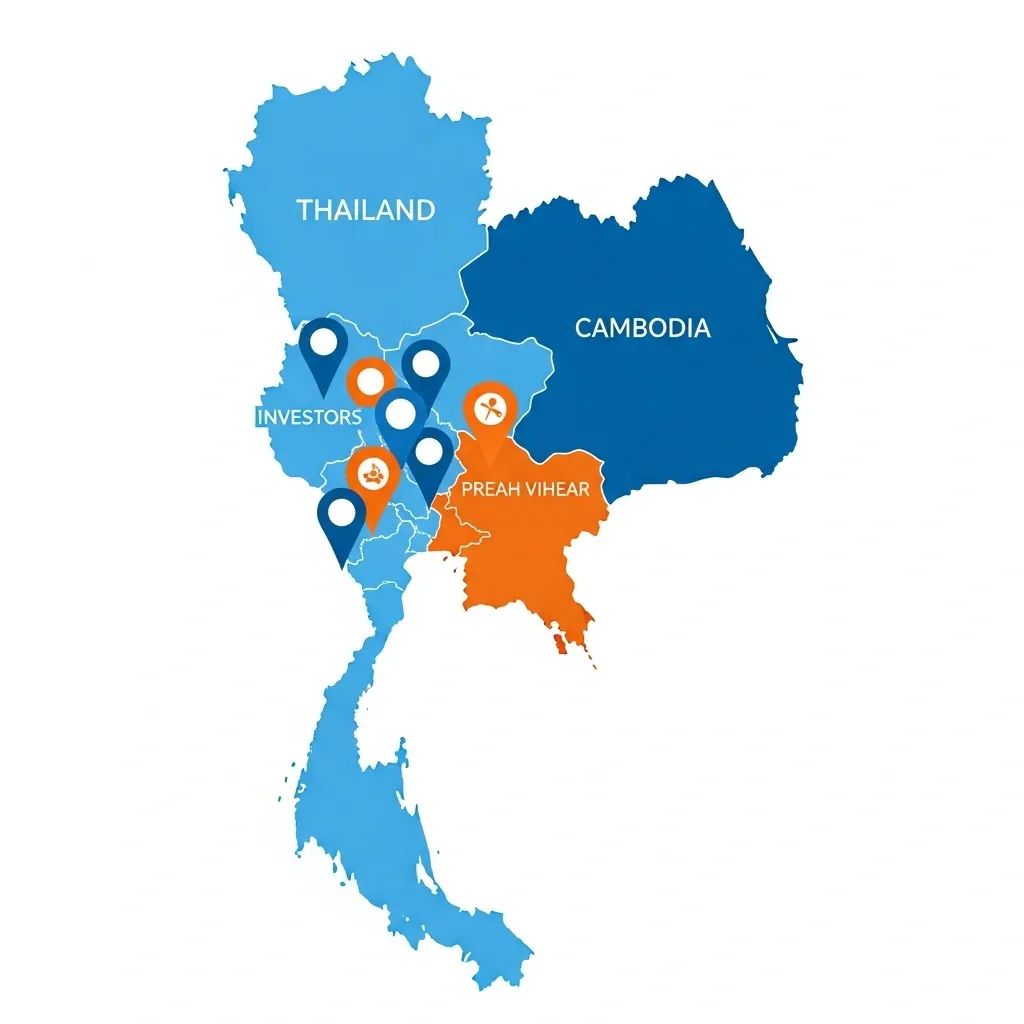 Map of Thailand-Cambodia border near Preah Vihear with markers for investor and tourist routes