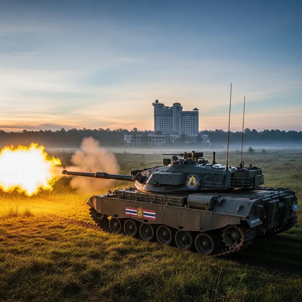 Thai tank firing at an abandoned casino building on the Thailand–Cambodia border at dawn