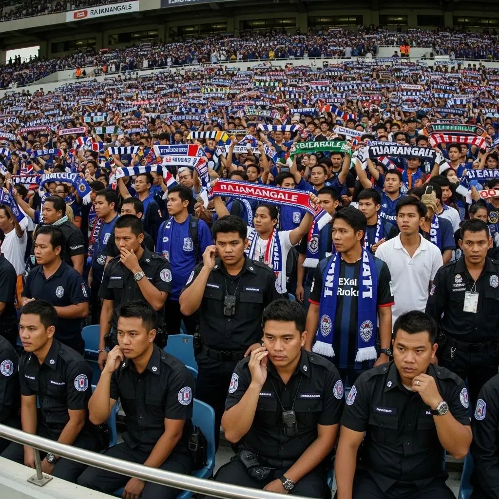 Security spotter observing SEA Games fans waving scarves in Rajamangala Stadium grandstand