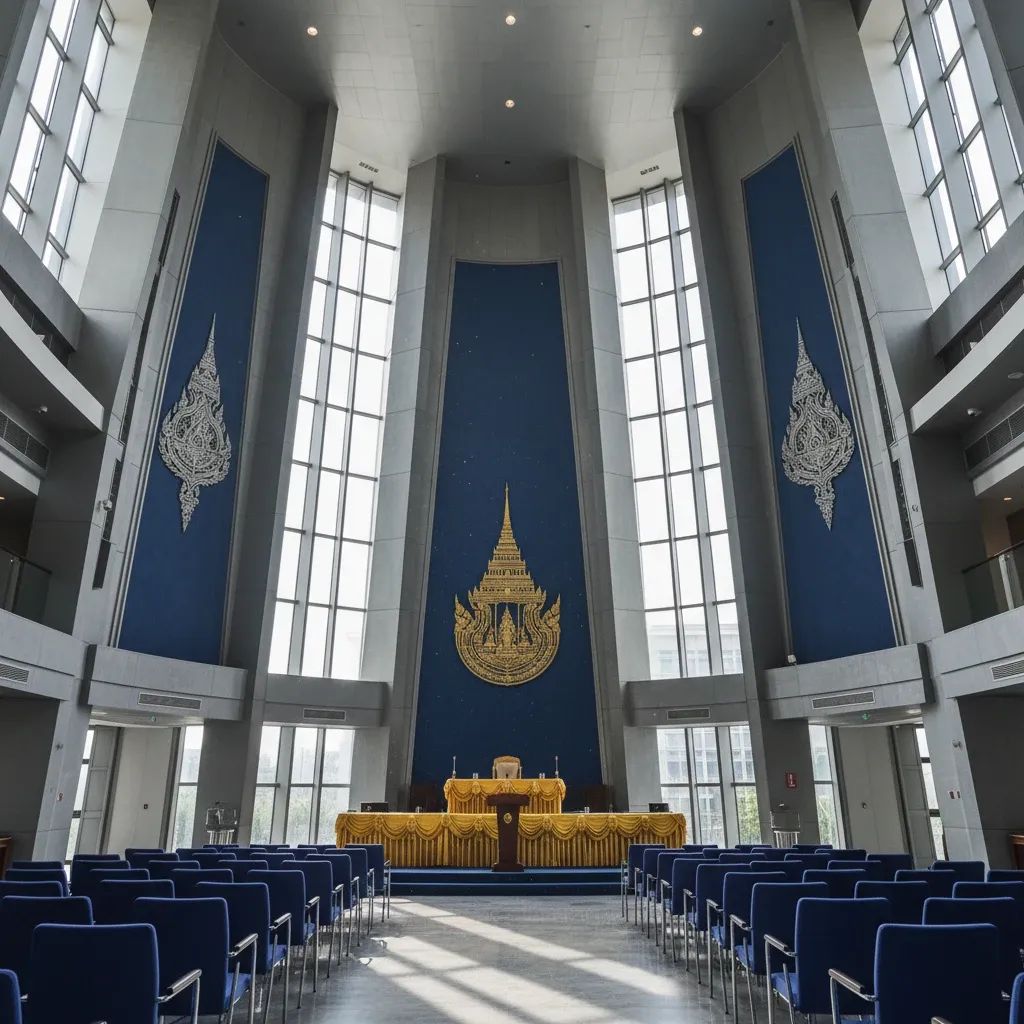 Interior view of Thai parliament chamber with official government architecture and ceremonial design