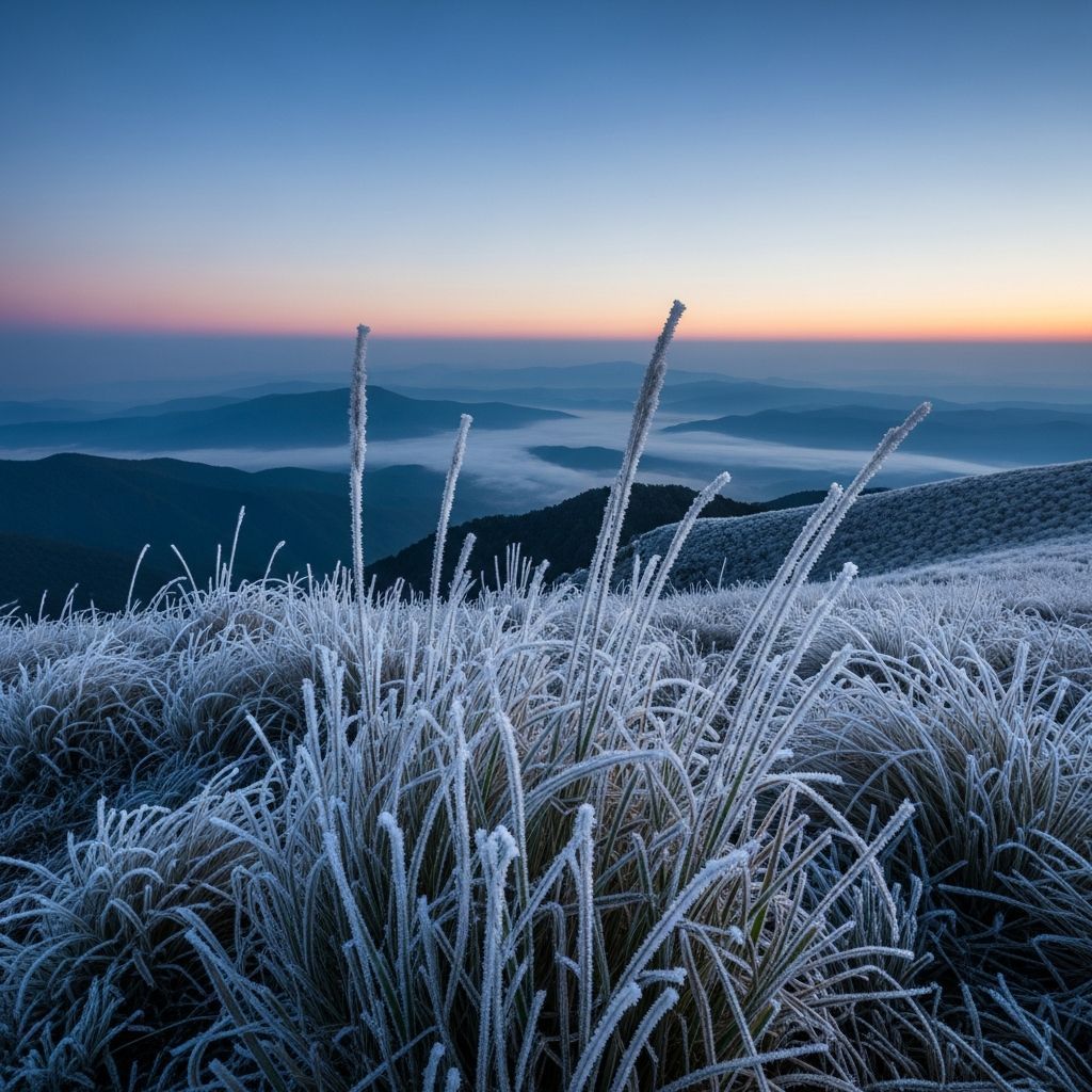 Frost-covered grass at dawn on Doi Inthanon in northern Thailand