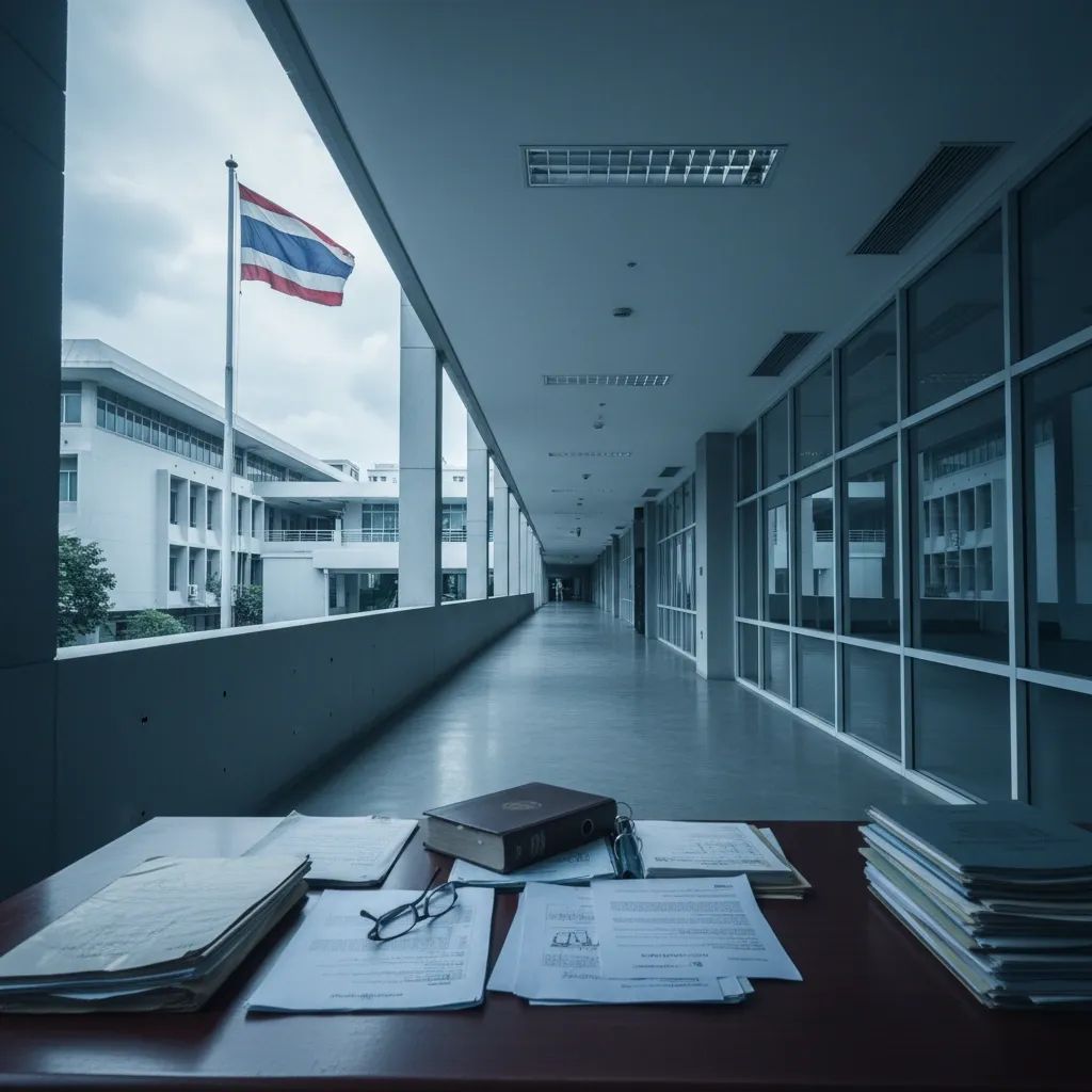 Thai government building with official documents and serious institutional setting representing legal procedures