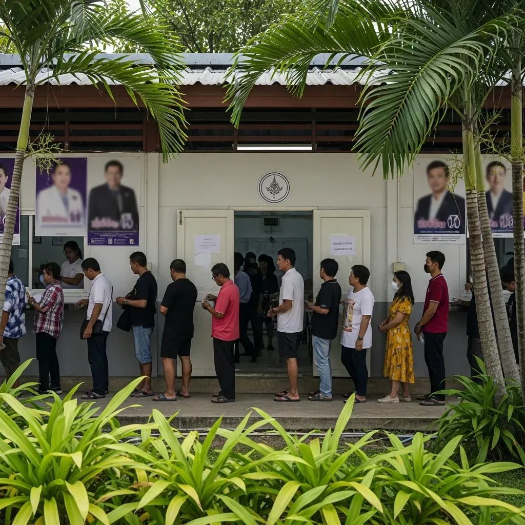 Thai voters queuing outside a polling station with tropical foliage in the background