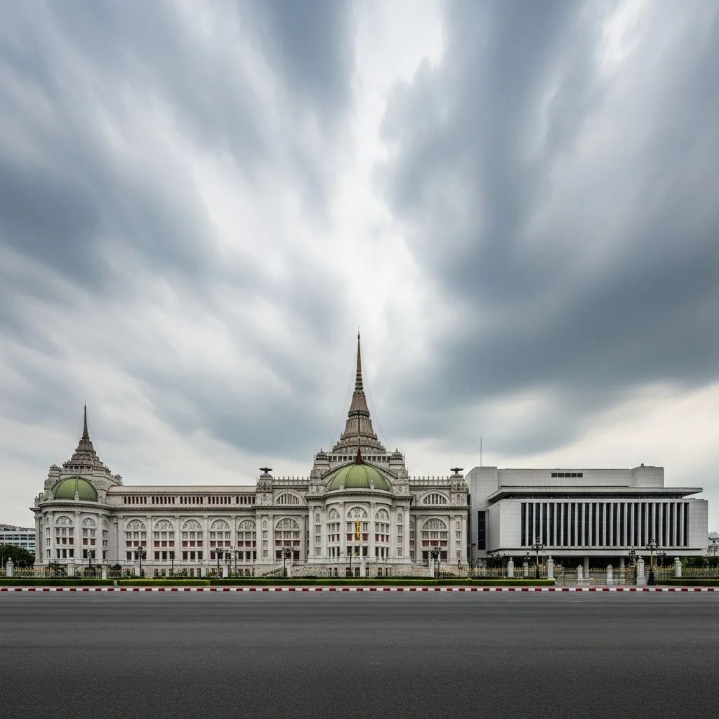 Exterior view of Thailand's Parliament building under an overcast sky