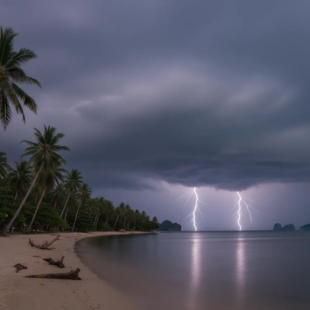 Dark storm clouds gathering over Thailand's eastern coastal region with lightning visible in distance