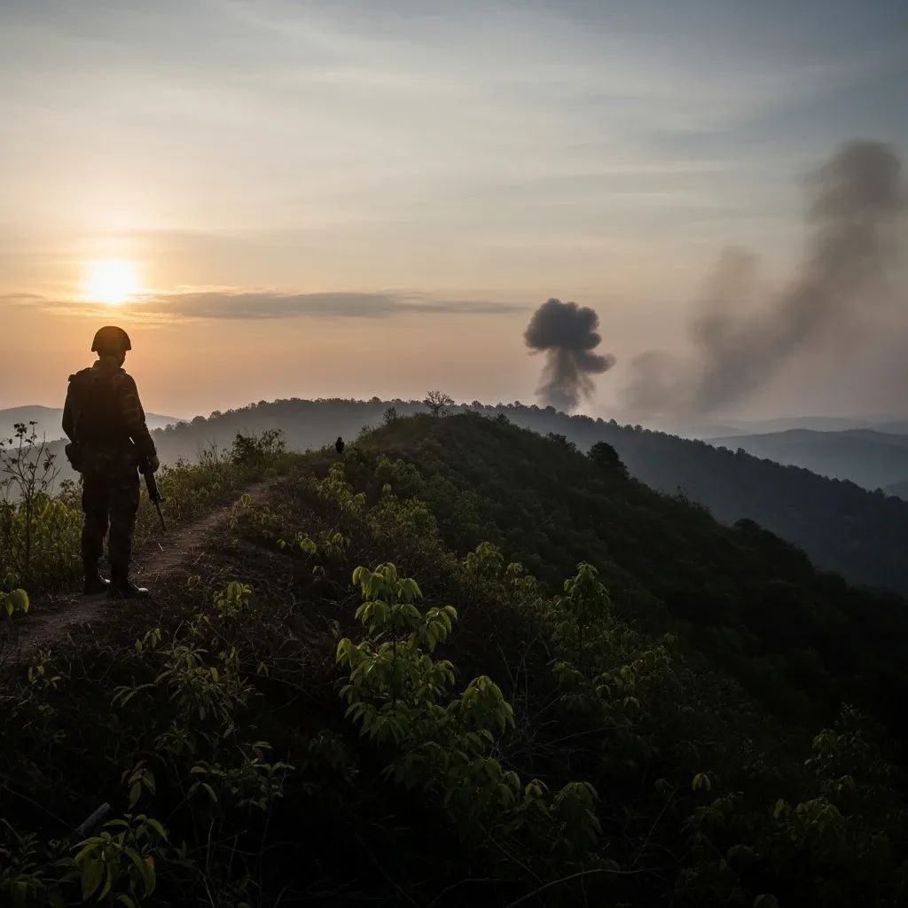 Thai soldier silhouette patrolling Chong Bok ridge with distant explosion smoke rising