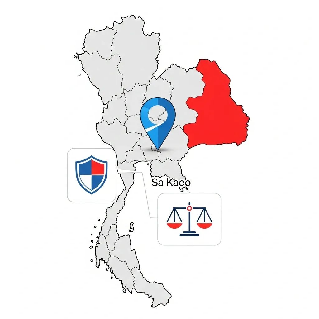 Infographic map of Thailand highlighting eastern border with security and law icons