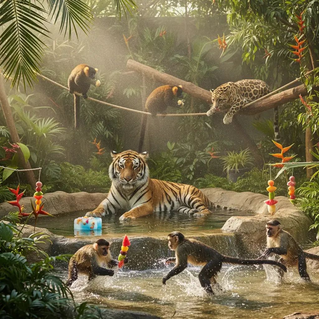 Zoo animals enjoying frozen fruit treats and water enrichment during Thailand's hot season at Khao Kheow Open Zoo