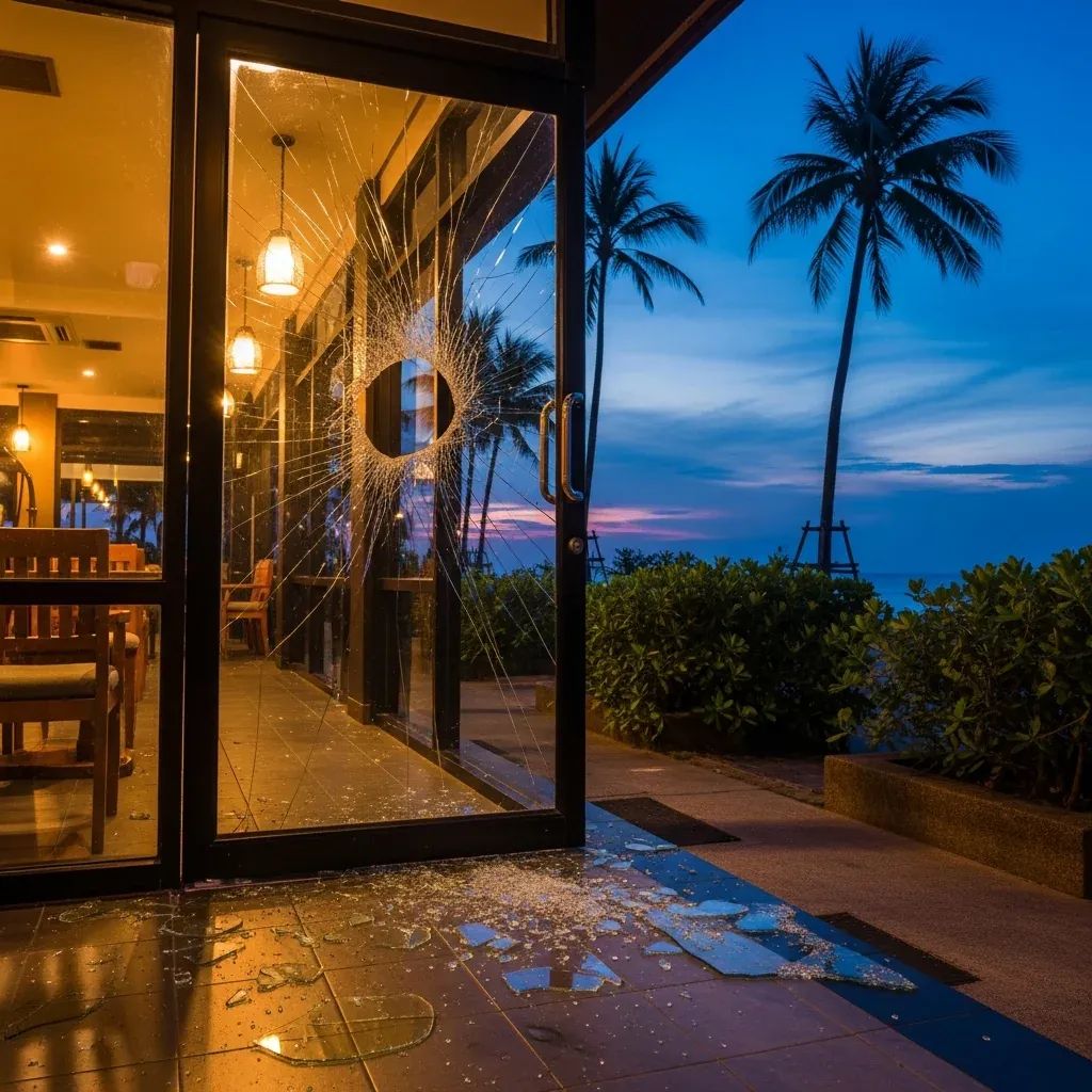 Shattered glass door entrance of a beachside Thai restaurant at dusk