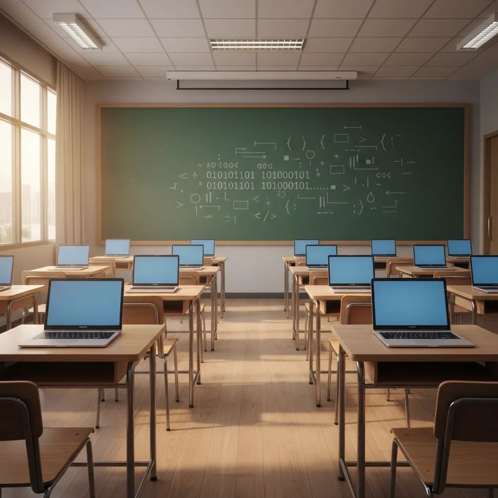 Empty modern Thai classroom with desks and laptops symbolizing digital education reform