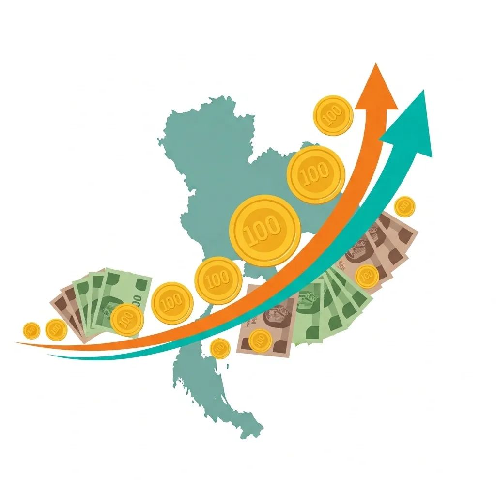 Infographic of Thai baht coins and arrow rising against a Thailand map silhouette suggesting higher travel costs