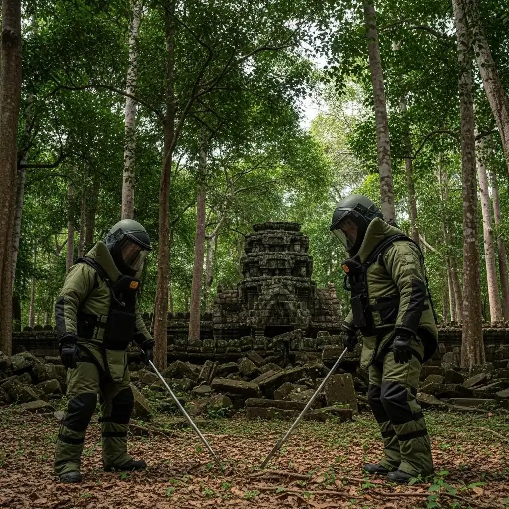 Two Thai EOD technicians in protective suits inspecting ground near ancient Khmer ruins in a forest