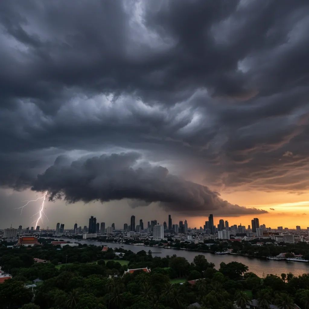 Dark storm clouds approaching Bangkok skyline with dramatic weather system visible on horizon