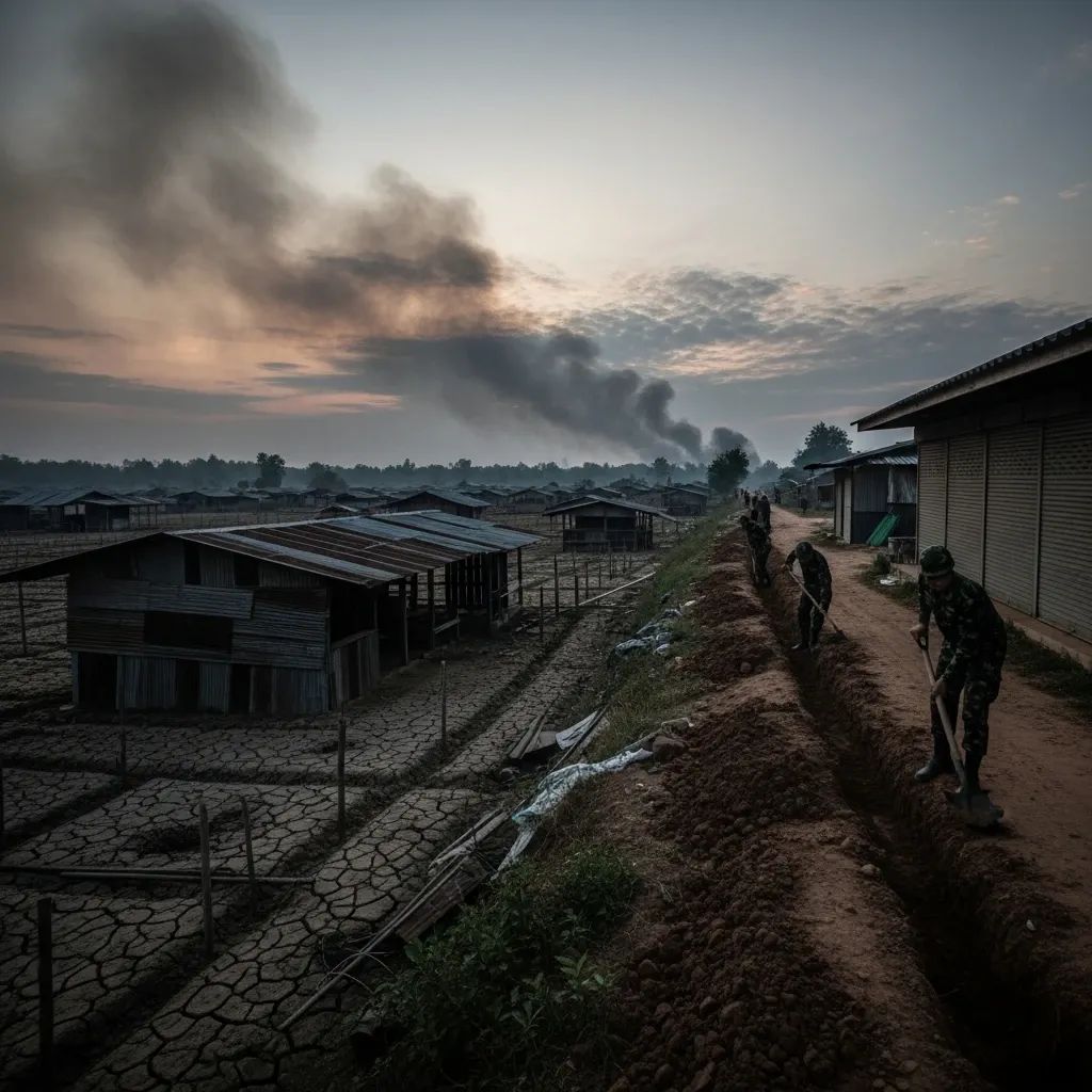 Smoke rising over deserted Thai border village farmland after rocket attack