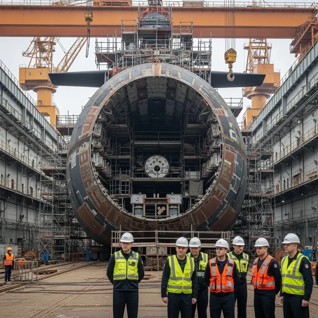 Naval officers observing an unfinished submarine hull in a shipyard drydock