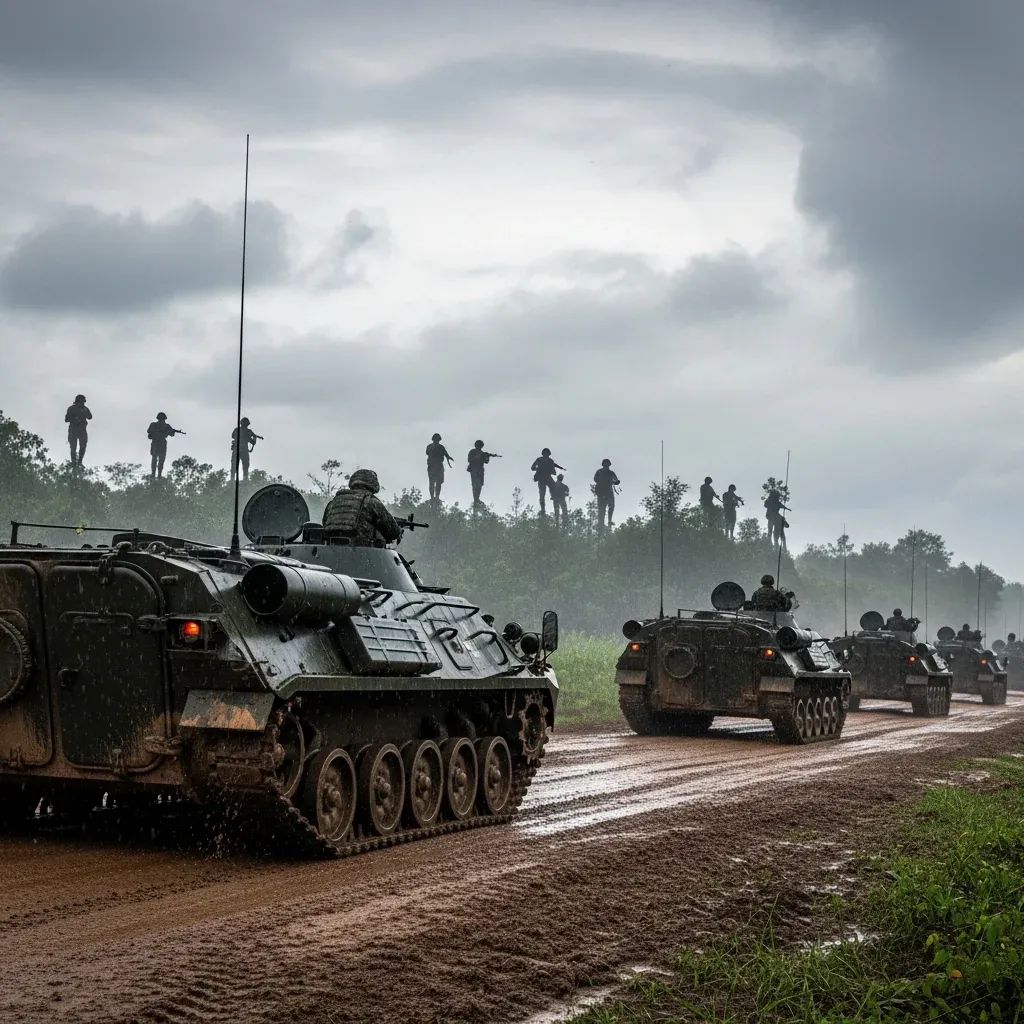 Thai armoured carriers on muddy forest road at Thailand-Cambodia border